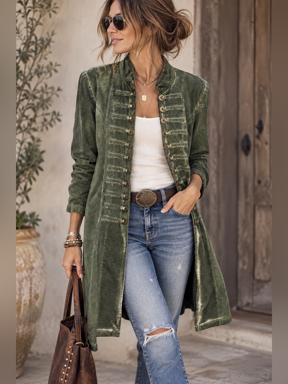 Inca Cottons Olive Green Military Style Cotton Jacket Duster — Large